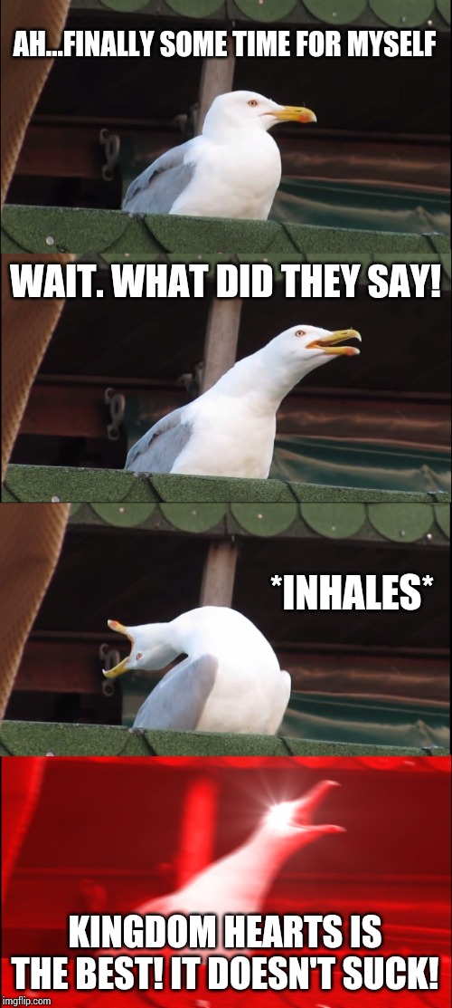Inhaling Seagull Meme | AH...FINALLY SOME TIME FOR MYSELF WAIT. WHAT DID THEY SAY! *INHALES* KINGDOM HEARTS IS THE BEST! IT DOESN'T SUCK! | image tagged in memes,inhaling seagull | made w/ Imgflip meme maker