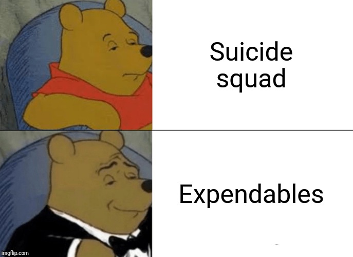 Isn't it basically the same? | Suicide squad; Expendables | image tagged in memes,tuxedo winnie the pooh | made w/ Imgflip meme maker