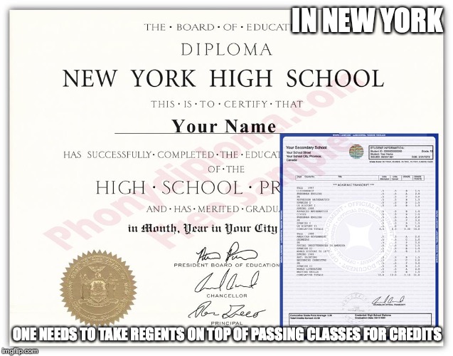 New York High School Diploma | IN NEW YORK; ONE NEEDS TO TAKE REGENTS ON TOP OF PASSING CLASSES FOR CREDITS | image tagged in diploma,high school,memes | made w/ Imgflip meme maker