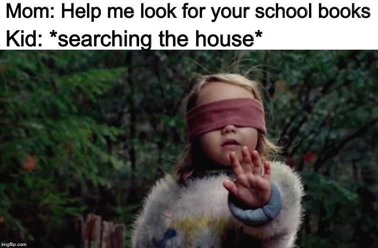 Then they find an old toy and stop searching to play with it lol |  Mom: Help me look for your school books; Kid: *searching the house* | image tagged in bird box girl,memes,funny,kids,ill just find it myself | made w/ Imgflip meme maker