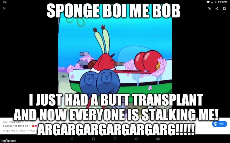 One Thicc Krab | SPONGE BOI ME BOB; I JUST HAD A BUTT TRANSPLANT AND NOW EVERYONE IS STALKING ME!
ARGARGARGARGARGARG!!!!! | image tagged in thicc mr krabs | made w/ Imgflip meme maker