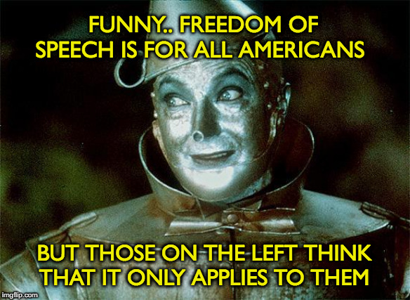 Tin Man Just Sayin' | FUNNY.. FREEDOM OF SPEECH IS FOR ALL AMERICANS; BUT THOSE ON THE LEFT THINK THAT IT ONLY APPLIES TO THEM | image tagged in tin man just sayin' | made w/ Imgflip meme maker