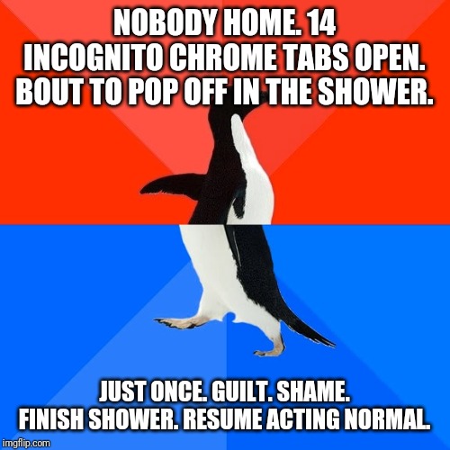 Socially Awesome Awkward Penguin Meme | NOBODY HOME. 14 INCOGNITO CHROME TABS OPEN. BOUT TO POP OFF IN THE SHOWER. JUST ONCE. GUILT. SHAME. FINISH SHOWER. RESUME ACTING NORMAL. | image tagged in memes,socially awesome awkward penguin | made w/ Imgflip meme maker