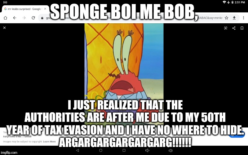 Mr. Krabs Finally Gets What He Deserves | SPONGE BOI ME BOB, I JUST REALIZED THAT THE AUTHORITIES ARE AFTER ME DUE TO MY 50TH YEAR OF TAX EVASION AND I HAVE NO WHERE TO HIDE.
ARGARGARGARGARGARG!!!!!! | image tagged in surprised mr krabs | made w/ Imgflip meme maker