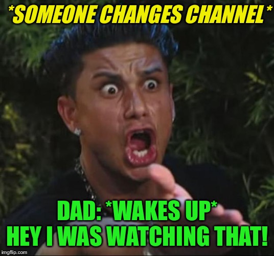 DJ Pauly D Meme | *SOMEONE CHANGES CHANNEL* DAD: *WAKES UP* HEY I WAS WATCHING THAT! | image tagged in memes,dj pauly d | made w/ Imgflip meme maker