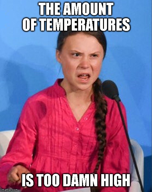 Greta Thunberg how dare you | THE AMOUNT OF TEMPERATURES; IS TOO DAMN HIGH | image tagged in greta thunberg how dare you | made w/ Imgflip meme maker