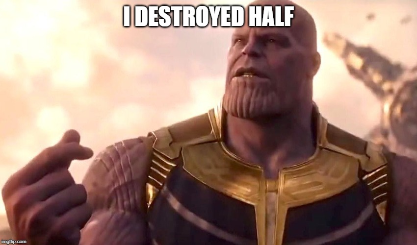 thanos snap | I DESTROYED HALF | image tagged in thanos snap | made w/ Imgflip meme maker