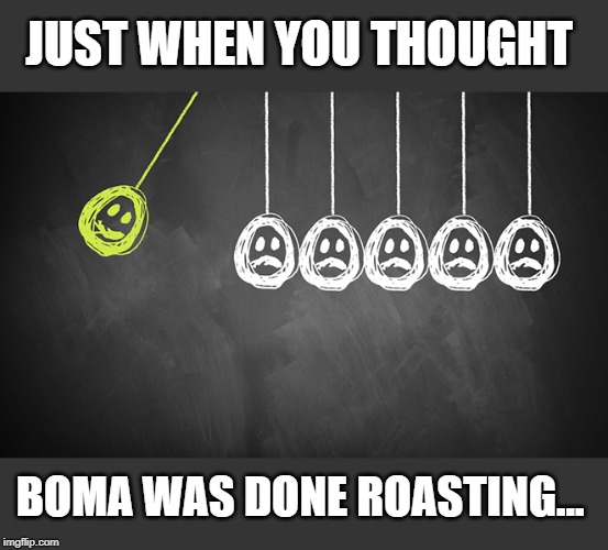 Mostly I just liked the image | JUST WHEN YOU THOUGHT; BOMA WAS DONE ROASTING... | image tagged in who can it be now | made w/ Imgflip meme maker