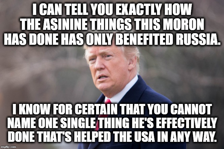 Use the comments to make your list and include links | I CAN TELL YOU EXACTLY HOW THE ASININE THINGS THIS MORON HAS DONE HAS ONLY BENEFITED RUSSIA. I KNOW FOR CERTAIN THAT YOU CANNOT NAME ONE SINGLE THING HE'S EFFECTIVELY DONE THAT'S HELPED THE USA IN ANY WAY. | image tagged in donald trump,russia,vladimir putin,traitor,treason,impeach trump | made w/ Imgflip meme maker