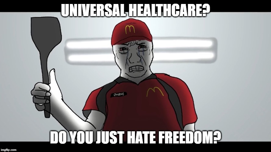 What Right Wingers Actually Believe | UNIVERSAL HEALTHCARE? DO YOU JUST HATE FREEDOM? | image tagged in libertarian | made w/ Imgflip meme maker