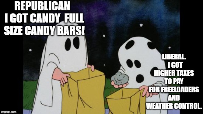 Charlie Brown Halloween Rock | REPUBLICAN   I GOT CANDY  FULL SIZE CANDY BARS! LIBERAL.   I GOT HIGHER TAXES TO PAY FOR FREELOADERS AND WEATHER CONTROL. | image tagged in charlie brown halloween rock | made w/ Imgflip meme maker