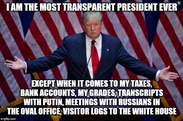 Donald Trump | I AM THE MOST TRANSPARENT PRESIDENT EVER EXCEPT WHEN IT COMES TO MY TAXES, BANK ACCOUNTS, MY GRADES, TRANSCRIPTS WITH PUTIN, MEETINGS WITH R | image tagged in donald trump | made w/ Imgflip meme maker
