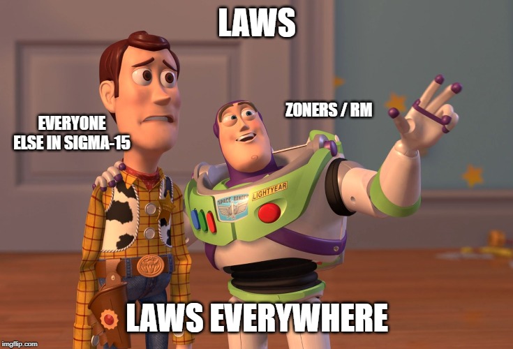 X, X Everywhere Meme | LAWS; EVERYONE ELSE IN SIGMA-15; ZONERS / RM; LAWS EVERYWHERE | image tagged in memes,x x everywhere | made w/ Imgflip meme maker