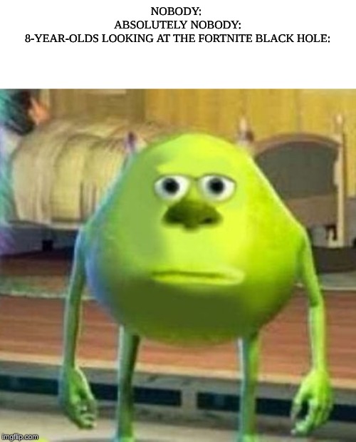 Mike wasowski sully face swap | NOBODY: 
ABSOLUTELY NOBODY:
8-YEAR-OLDS LOOKING AT THE FORTNITE BLACK HOLE: | image tagged in mike wasowski sully face swap | made w/ Imgflip meme maker