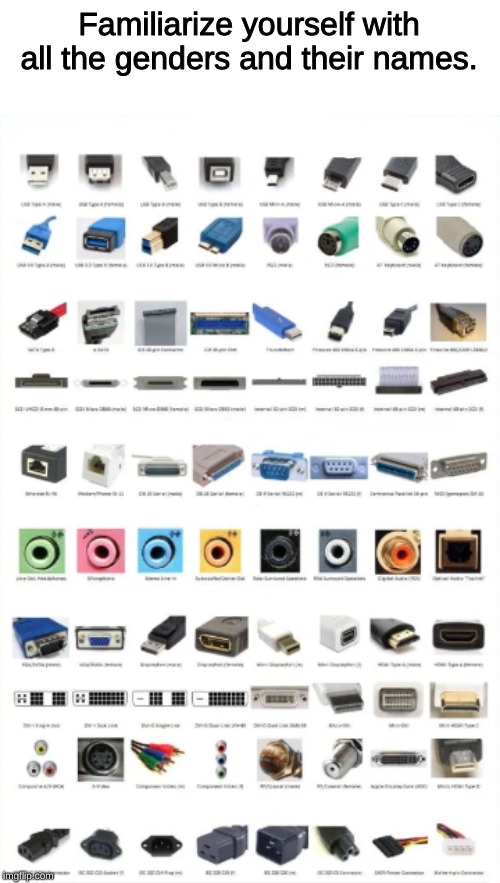I identify as 25-Pin SCSI Parallel Disk Drive Connector. | Familiarize yourself with all the genders and their names. | image tagged in memes,gender confusion,plugs | made w/ Imgflip meme maker