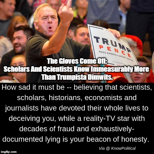 The Gloves Come Off:
Scholars And Scientists Know Immeasurably More 
Than Trumpista Dimwits. | made w/ Imgflip meme maker