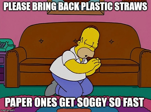 Homer Simpson | PLEASE BRING BACK PLASTIC STRAWS; PAPER ONES GET SOGGY SO FAST | image tagged in homer simpson,praying,the simpsons,paper straws,funny memes | made w/ Imgflip meme maker
