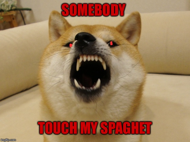 Angry Spaghet doge |  SOMEBODY; TOUCH MY SPAGHET | image tagged in doge,angry,spaghet,meme,funny memes,bad pun dog | made w/ Imgflip meme maker