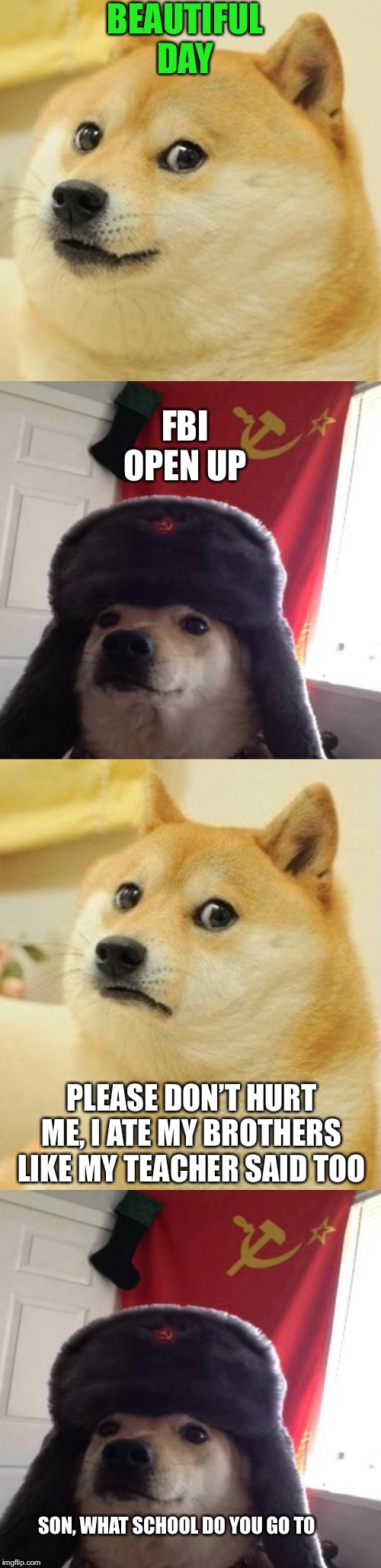 Good day bad day | BEAUTIFUL DAY; FBI OPEN UP; PLEASE DON’T HURT ME, I ATE MY BROTHERS LIKE MY TEACHER SAID TOO; SON, WHAT SCHOOL DO YOU GO TO | image tagged in memes,doge,russian doge,doge is sad,fbi,wtf | made w/ Imgflip meme maker
