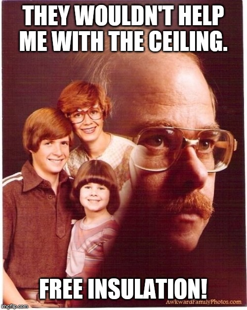 Vengeance Dad | THEY WOULDN'T HELP ME WITH THE CEILING. FREE INSULATION! | image tagged in memes,vengeance dad | made w/ Imgflip meme maker