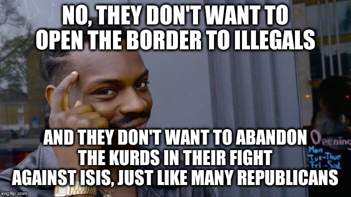 Roll Safe Think About It Meme | NO, THEY DON'T WANT TO OPEN THE BORDER TO ILLEGALS AND THEY DON'T WANT TO ABANDON THE KURDS IN THEIR FIGHT AGAINST ISIS, JUST LIKE MANY REPU | image tagged in memes,roll safe think about it | made w/ Imgflip meme maker