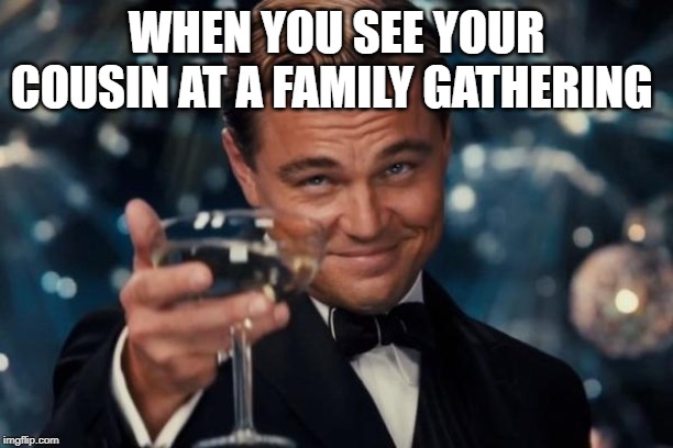 Leonardo Dicaprio Cheers | WHEN YOU SEE YOUR COUSIN AT A FAMILY GATHERING | image tagged in memes,leonardo dicaprio cheers | made w/ Imgflip meme maker