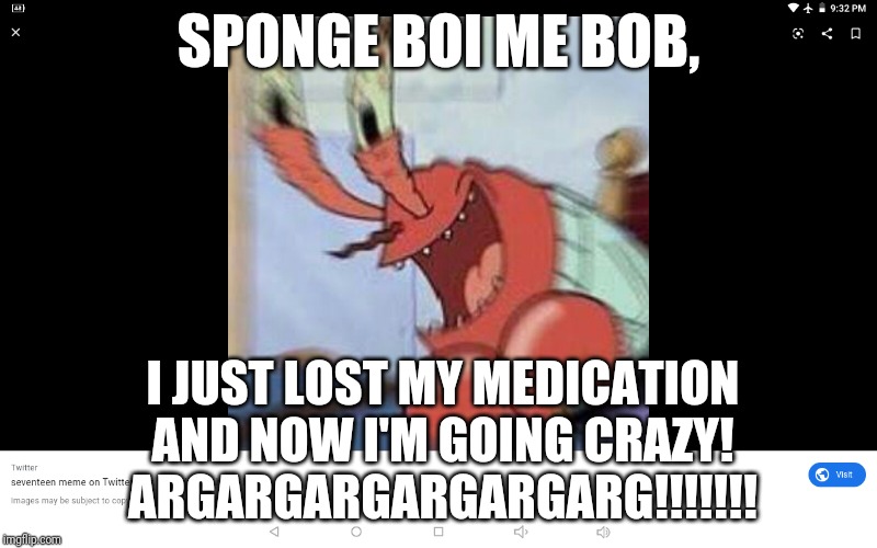 Mr. Krabs Has Officially Lost His Mind | SPONGE BOI ME BOB, I JUST LOST MY MEDICATION AND NOW I'M GOING CRAZY!
ARGARGARGARGARGARG!!!!!!! | image tagged in insane krabs | made w/ Imgflip meme maker