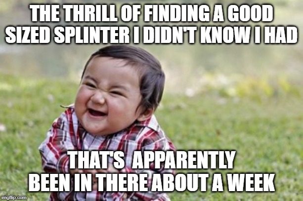 Splinter cell | THE THRILL OF FINDING A GOOD SIZED SPLINTER I DIDN'T KNOW I HAD; THAT'S  APPARENTLY BEEN IN THERE ABOUT A WEEK | image tagged in memes,evil toddler,splinter | made w/ Imgflip meme maker
