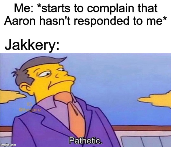 Pathetic | Me: *starts to complain that Aaron hasn't responded to me*; Jakkery: | image tagged in pathetic | made w/ Imgflip meme maker