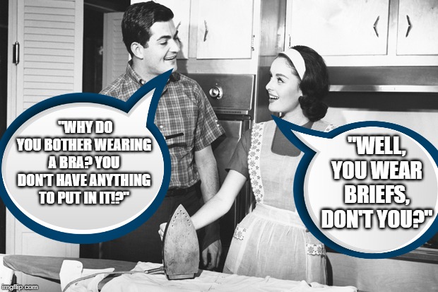 Never Talk Size | "WELL, YOU WEAR BRIEFS, DON'T YOU?"; "WHY DO YOU BOTHER WEARING A BRA? YOU DON'T HAVE ANYTHING TO PUT IN IT!?" | image tagged in vintage husband and wife | made w/ Imgflip meme maker