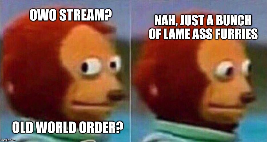 Don't roll down the window, let's keep driving | OWO STREAM? NAH, JUST A BUNCH OF LAME ASS FURRIES; OLD WORLD ORDER? | image tagged in monkey looking away | made w/ Imgflip meme maker