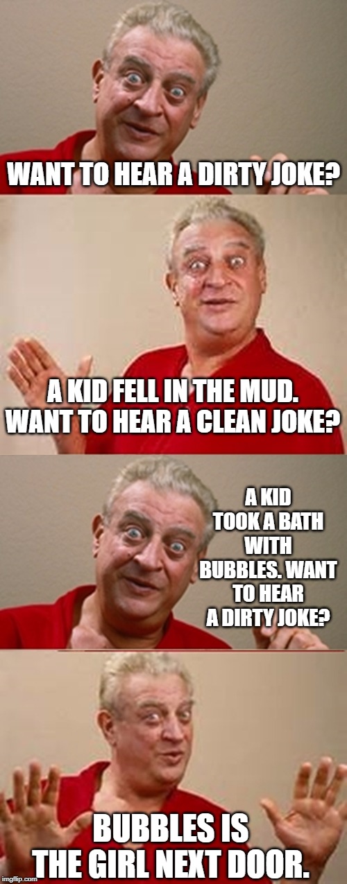 Dirty and Clean Jokes | WANT TO HEAR A DIRTY JOKE? A KID FELL IN THE MUD. WANT TO HEAR A CLEAN JOKE? A KID TOOK A BATH WITH BUBBLES. WANT TO HEAR A DIRTY JOKE? BUBBLES IS THE GIRL NEXT DOOR. | image tagged in bad pun rodney dangerfield | made w/ Imgflip meme maker