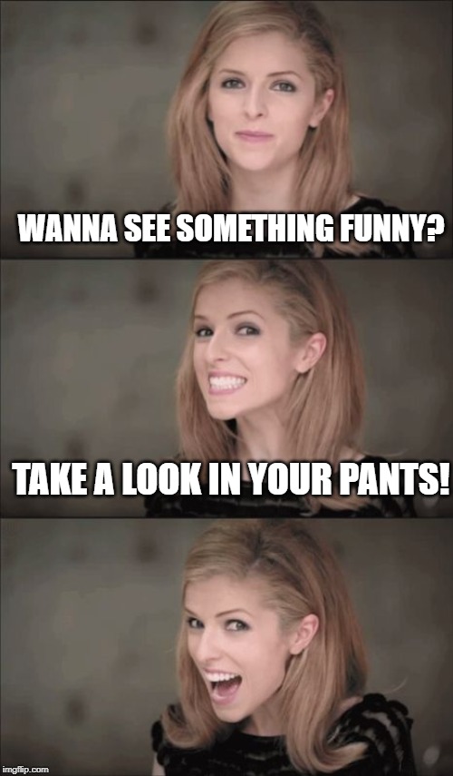 That's Not Funny | WANNA SEE SOMETHING FUNNY? TAKE A LOOK IN YOUR PANTS! | image tagged in memes,bad pun anna kendrick | made w/ Imgflip meme maker