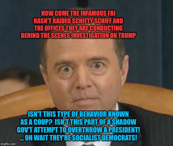 Adam “Shifty” Schiff | HOW COME THE INFAMOUS FBI HASN'T RAIDED SCHIFTY SCHIFF AND THE OFFICES THEY ARE CONDUCTING BEHIND THE SCENES INVESTIGATION ON TRUMP; ISN'T THIS TYPE OF BEHAVIOR KNOWN AS A COUP?  ISN'T THIS PART OF A SHADOW GOV'T ATTEMPT TO OVERTHROW A PRESIDENT! ... OH WAIT THEY'RE SOCIALIST DEMOCRATS! | image tagged in adam shifty schiff | made w/ Imgflip meme maker