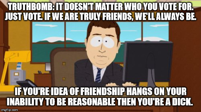 Vote Goddamit! | TRUTHBOMB: IT DOESN'T MATTER WHO YOU VOTE FOR. JUST VOTE. IF WE ARE TRULY FRIENDS, WE'LL ALWAYS BE. IF YOU'RE IDEA OF FRIENDSHIP HANGS ON YOUR INABILITY TO BE REASONABLE THEN YOU'RE A DICK. | image tagged in meanwhile in canada | made w/ Imgflip meme maker