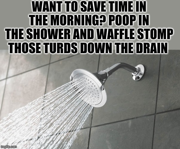 I "ACCIDENTALLY" SAVED TIME IN THE SHOWER ONCE, THANK GOODNESS FOR THE JET SETTING ON SHOWER HEAD | WANT TO SAVE TIME IN THE MORNING? POOP IN THE SHOWER AND WAFFLE STOMP THOSE TURDS DOWN THE DRAIN | image tagged in shower thoughts | made w/ Imgflip meme maker