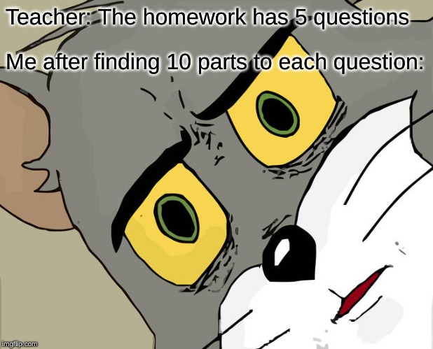 WHY?!?!?!?!? | Teacher: The homework has 5 questions; Me after finding 10 parts to each question: | image tagged in memes,unsettled tom,funny,homework,school | made w/ Imgflip meme maker