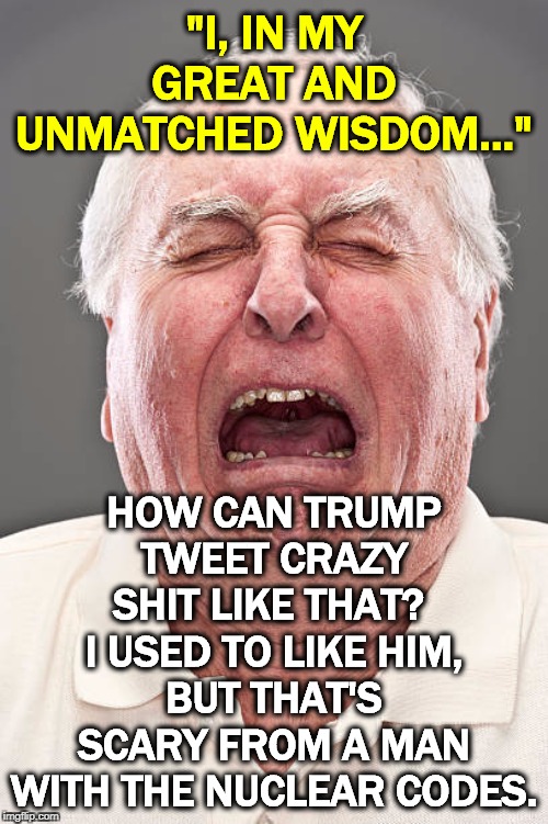 Conservative tears | "I, IN MY GREAT AND UNMATCHED WISDOM..."; HOW CAN TRUMP TWEET CRAZY SHIT LIKE THAT? 
I USED TO LIKE HIM, BUT THAT'S SCARY FROM A MAN WITH THE NUCLEAR CODES. | image tagged in trump,batshit,nuclear codes,conservative tears | made w/ Imgflip meme maker