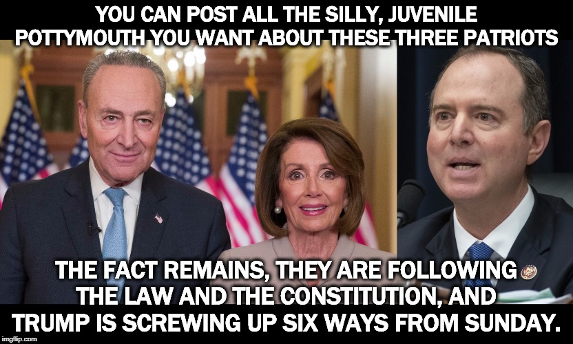 Trump committed impeachable crimes. There is ample evidence, there are multiple witnesses, and no nasty memes will change that. | YOU CAN POST ALL THE SILLY, JUVENILE POTTYMOUTH YOU WANT ABOUT THESE THREE PATRIOTS; THE FACT REMAINS, THEY ARE FOLLOWING THE LAW AND THE CONSTITUTION, AND TRUMP IS SCREWING UP SIX WAYS FROM SUNDAY. | image tagged in trump,schumer,pelosi,schiff,toilet,childish | made w/ Imgflip meme maker