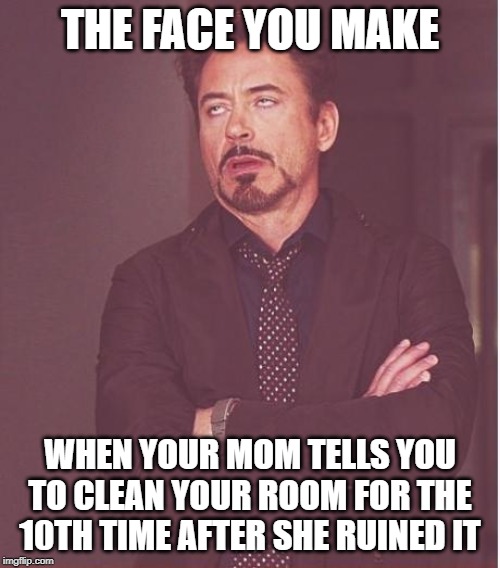 Face You Make Robert Downey Jr Meme | THE FACE YOU MAKE; WHEN YOUR MOM TELLS YOU TO CLEAN YOUR ROOM FOR THE 10TH TIME AFTER SHE RUINED IT | image tagged in memes,face you make robert downey jr | made w/ Imgflip meme maker