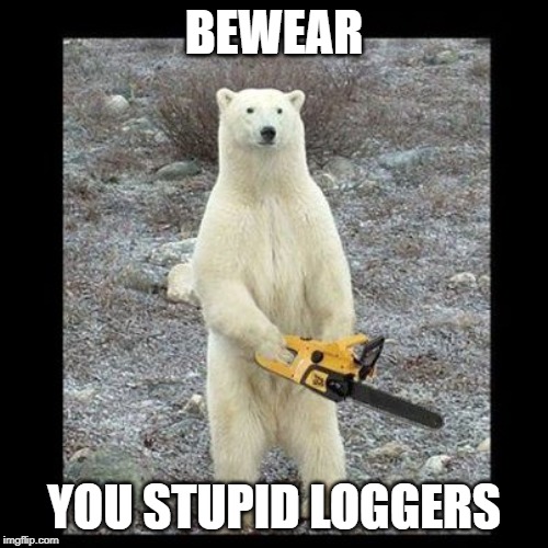 Chainsaw Bear Meme | BEWEAR; YOU STUPID LOGGERS | image tagged in memes,chainsaw bear | made w/ Imgflip meme maker