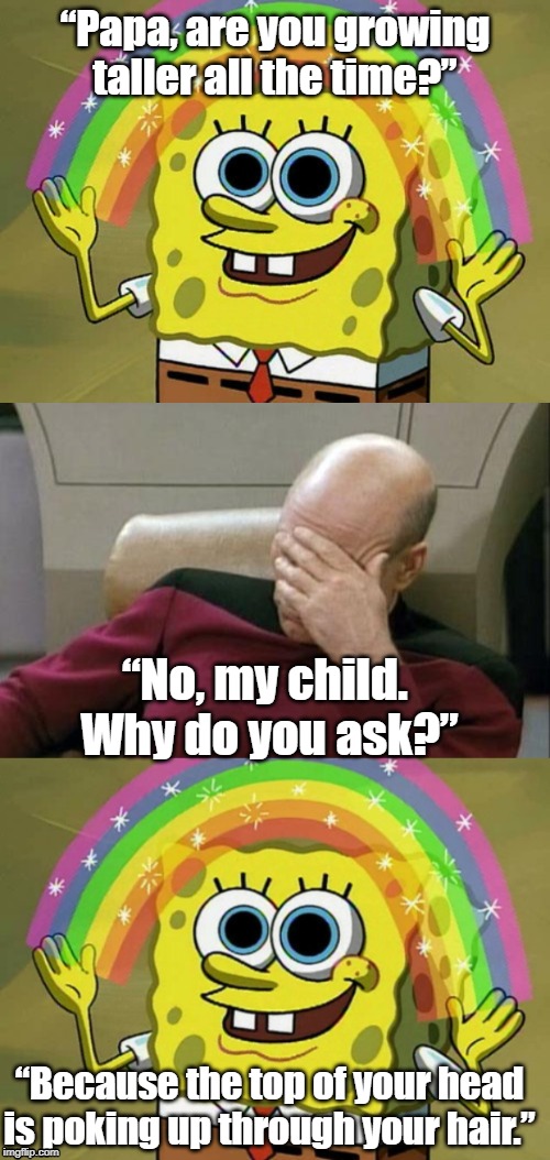 Growing up | “Papa, are you growing taller all the time?”; “No, my child. 
Why do you ask?”; “Because the top of your head is poking up through your hair.” | image tagged in imagination spongebob | made w/ Imgflip meme maker