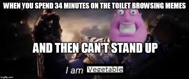 I am vegetable | WHEN YOU SPEND 34 MINUTES ON THE TOILET BROWSING MEMES; AND THEN CAN'T STAND UP | image tagged in i am vegetable | made w/ Imgflip meme maker