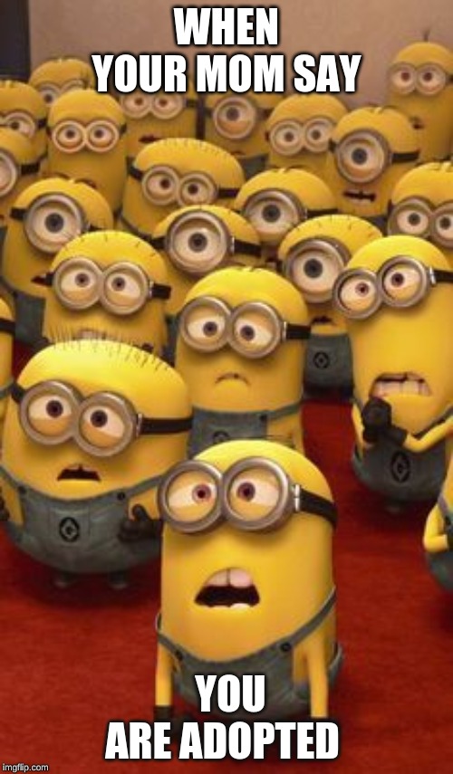 minions confused | WHEN YOUR MOM SAY; YOU ARE ADOPTED | image tagged in minions confused | made w/ Imgflip meme maker