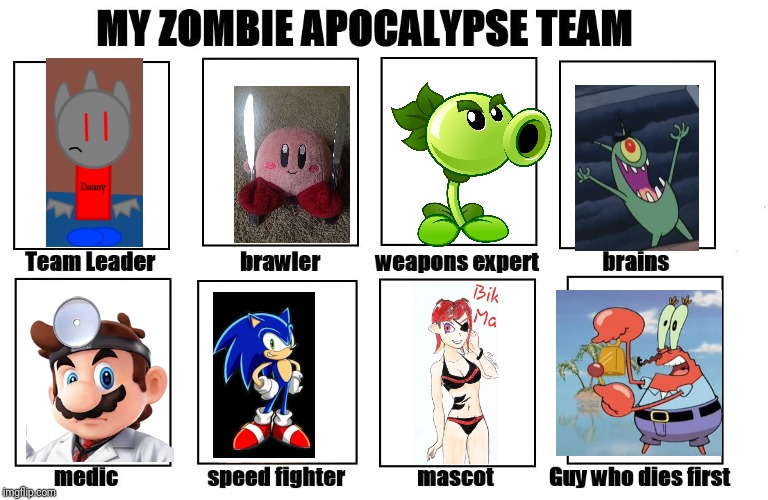 Here is my team Incase a zombie apocalypse comes | image tagged in my zombie apocalypse team,plants vs zombies,splatoon,spongebob,sonic,memes | made w/ Imgflip meme maker