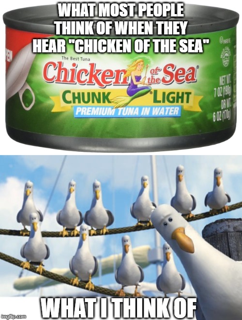 Fish is Not Chicken | WHAT MOST PEOPLE THINK OF WHEN THEY HEAR "CHICKEN OF THE SEA"; WHAT I THINK OF | image tagged in finding nemo seagulls | made w/ Imgflip meme maker