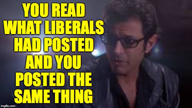 It's ok.  I expect they're flattered by it. | YOU READ WHAT LIBERALS HAD POSTED; AND YOU POSTED THE SAME THING | image tagged in memes,copycats,jeff goldblum,contards | made w/ Imgflip meme maker