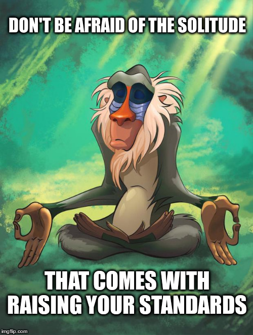 Rafiki wisdom | DON'T BE AFRAID OF THE SOLITUDE; THAT COMES WITH RAISING YOUR STANDARDS | image tagged in rafiki wisdom,words of wisdom,solitude | made w/ Imgflip meme maker