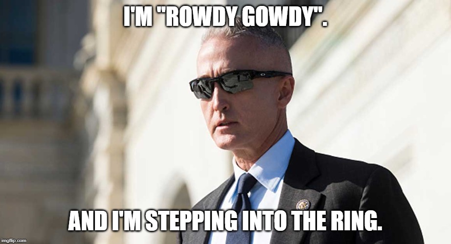 If nothing else, the atmosphere is about to change dramatically. | I'M "ROWDY GOWDY". AND I'M STEPPING INTO THE RING. | image tagged in trey gowdy,donald trump,politics,political meme | made w/ Imgflip meme maker