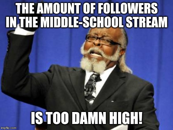(A hacker was here) | THE AMOUNT OF FOLLOWERS IN THE MIDDLE-SCHOOL STREAM; IS TOO DAMN HIGH! | image tagged in memes,too damn high,russian hackers | made w/ Imgflip meme maker